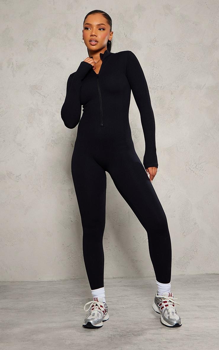 Black Structured Snatched Rib Zip Jumpsuit Product Image