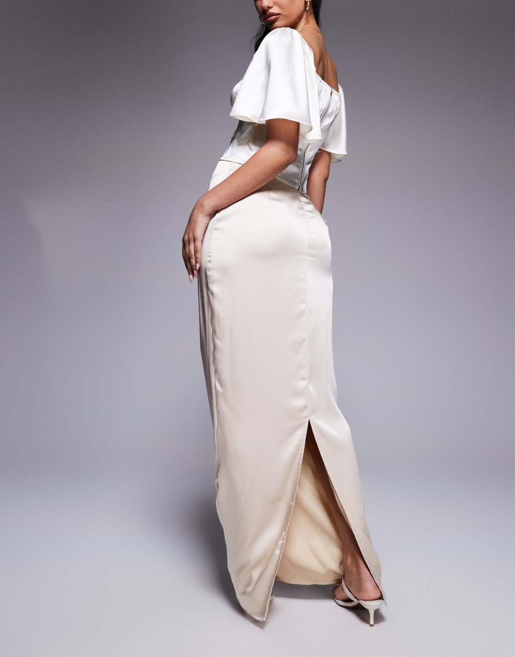 Kaiia exclusive satin bodycon bow trim detail maxi skirt in cream Product Image