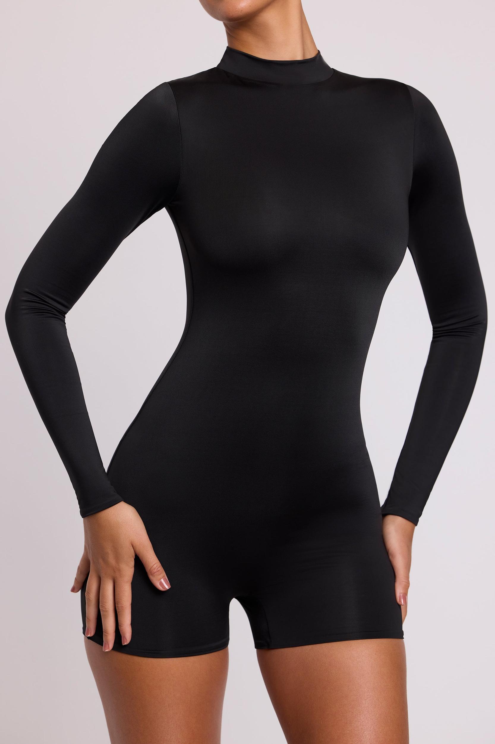High Neck Long Sleeve Romper in Black Product Image