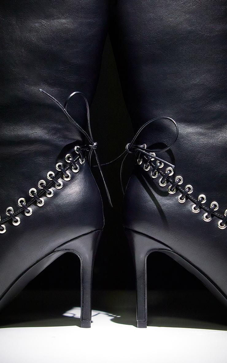 Black Wide Fit Pu Point Toe Laced Eyelet Knee High Heeled Boots Product Image