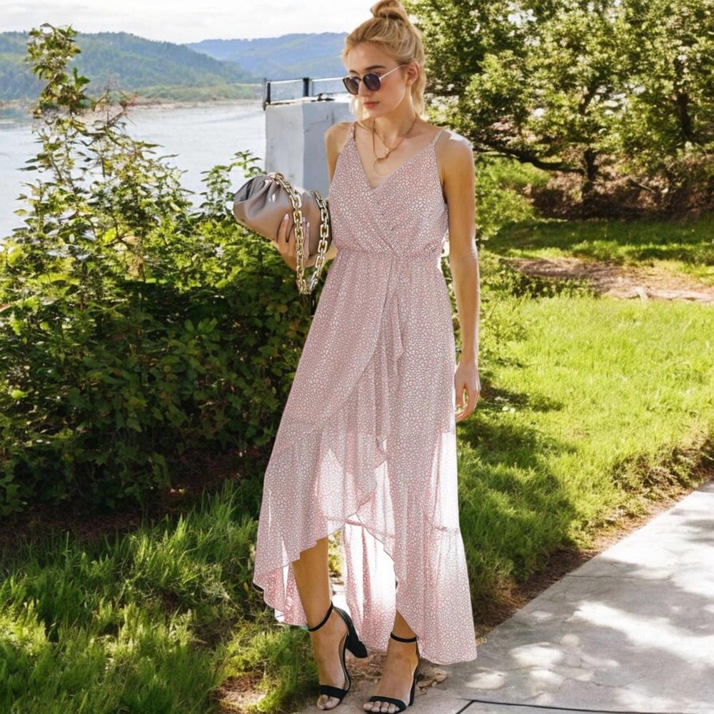 Anna-Kaci Women's Sleeveless V-Neck Wrap Maxi Dress with High-Low Hem - X Large, Pink Product Image