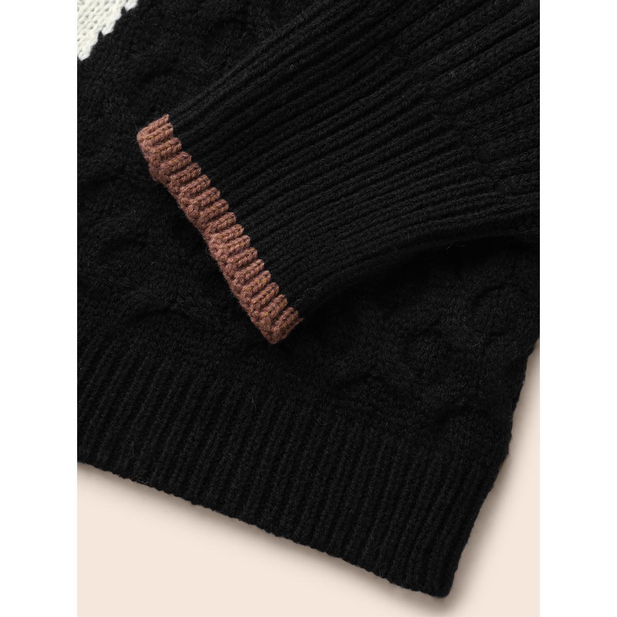 Plus Size Contrast Patchwork Cable Knit Pullover Black Women Casual Loose Long Sleeve Round Neck Everyday Pullovers BloomChic 28/5X Product Image