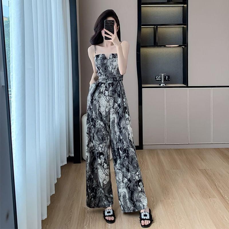 Spaghetti Strap Notch Neck Plain Wide Leg Jumpsuit Product Image