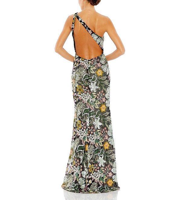 Mac Duggal Floral Embellished Sequin One Shoulder Sleeveless Open Back Sheath Gown Product Image