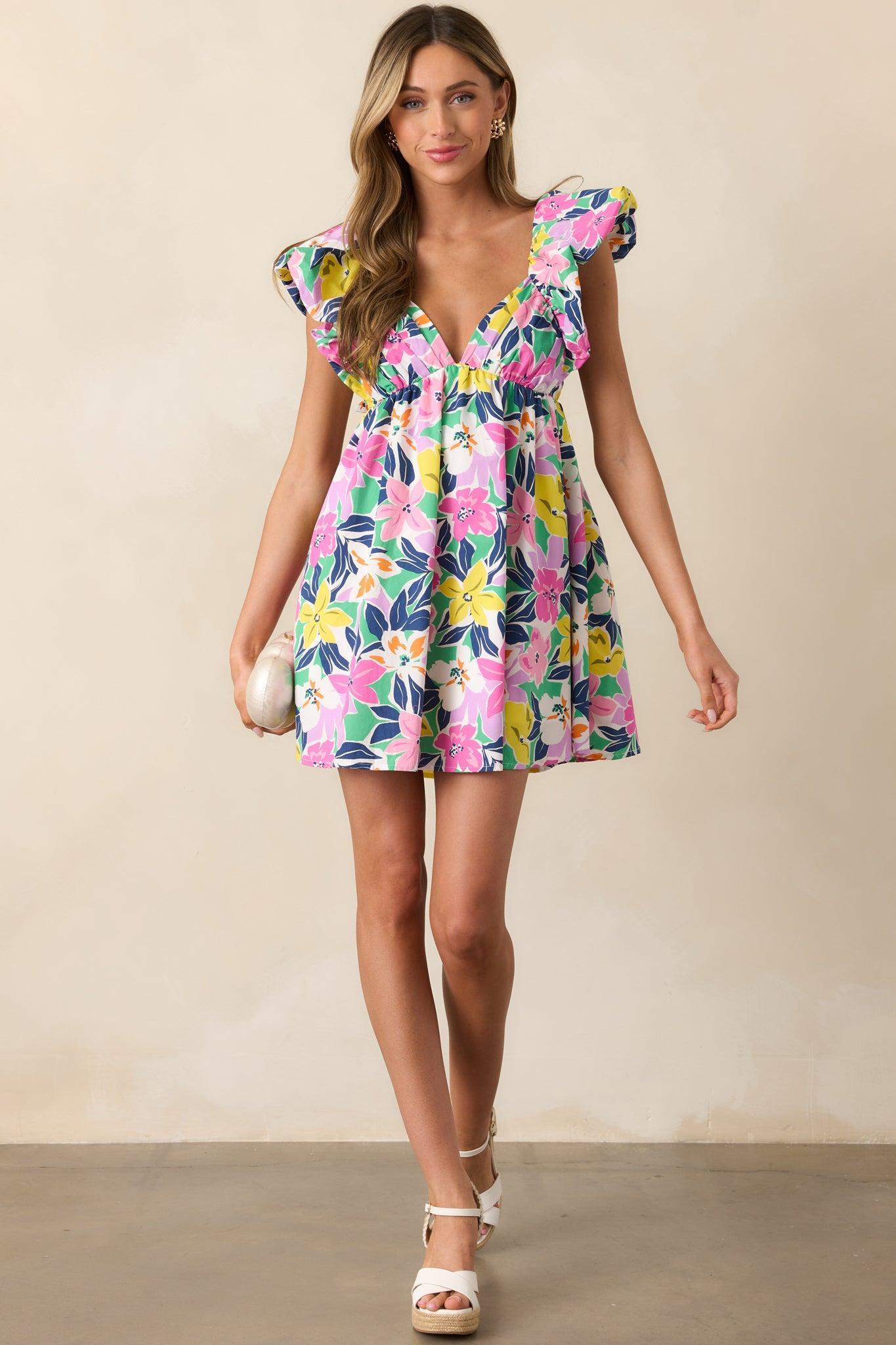 Blooming Love Pink Multi Flutter Sleeve Mini Dress Product Image