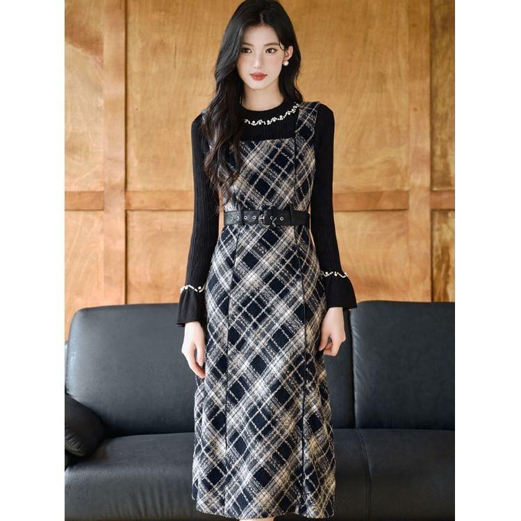 Long-Sleeve Crew Neck Beaded Ribbed Knit Top / Plaid Midi A-Line Overall Dress / Set Product Image