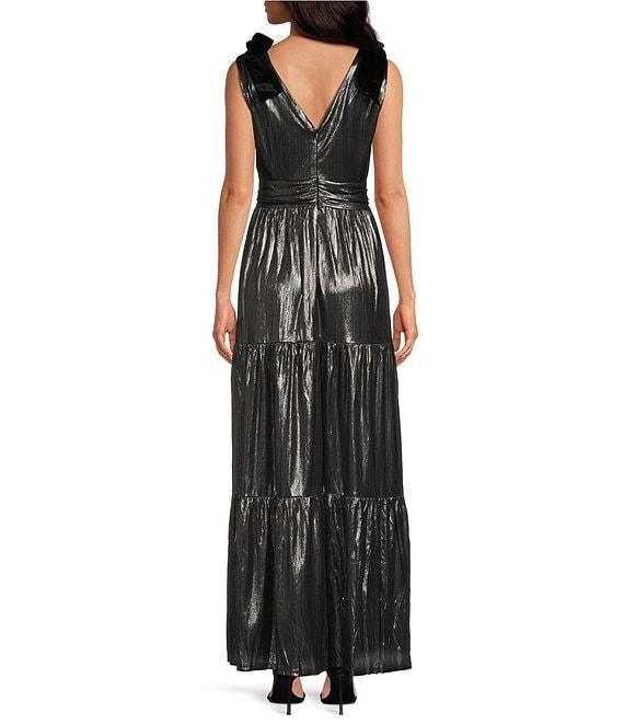 Sugarlips Liquid Satin Surplice V-Neck Sleeveless Velvet Shoulder Tie Tiered Hem Maxi Dress Product Image