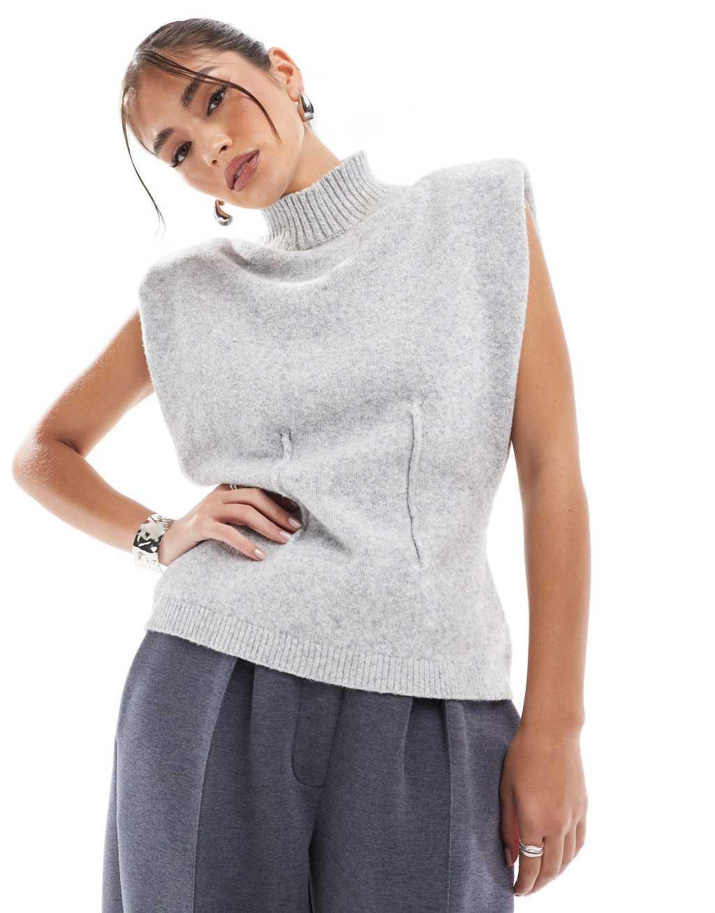 ASOS DESIGN knitted high neck tank with shoulder pad and waisted detail in gray Product Image