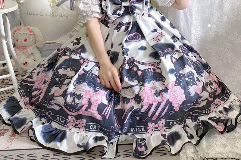 Puff-Sleeve Button-Up Blouse / Printed Bow Ruffled Midi Overall Lolita Dress / Petticoat Product Image