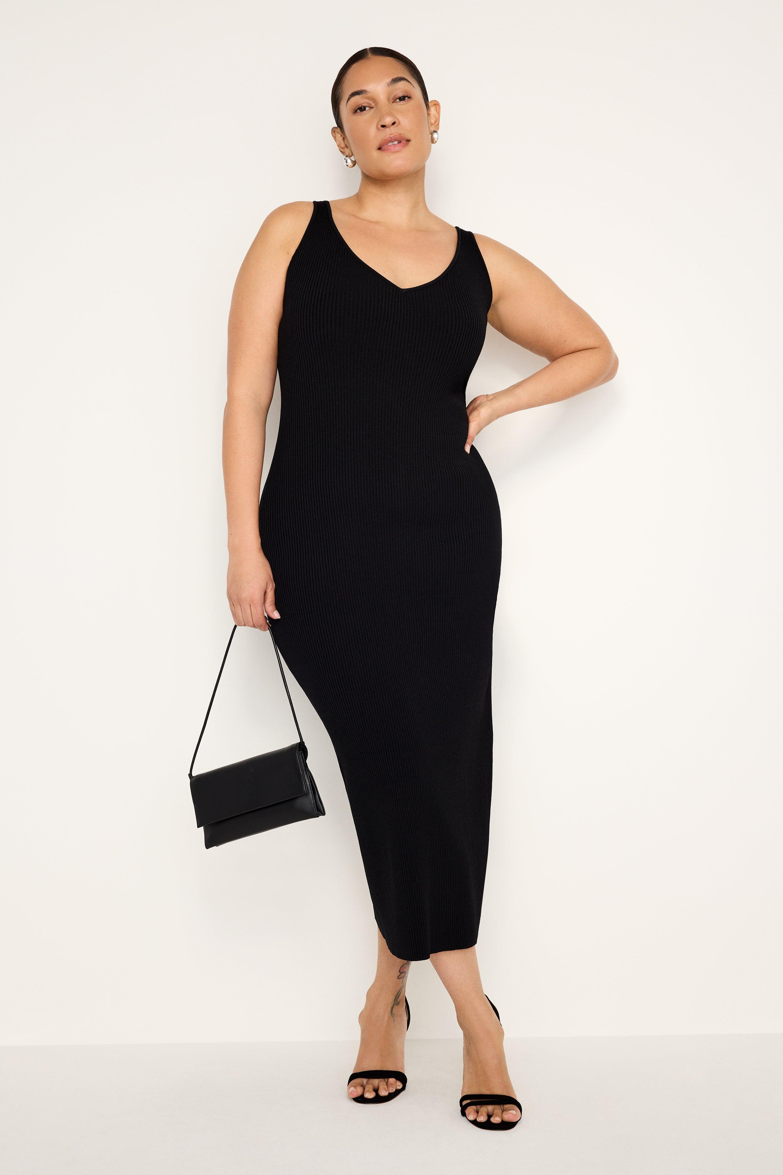 STRETCH RIB KNIT SLEEVELESS MIDI DRESS | BLACK001 Product Image