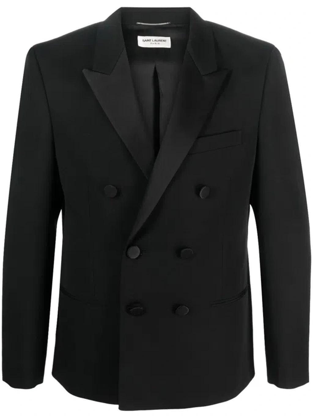 Double-breasted Grain De Poudre Tuxedo Jacket In Black Product Image