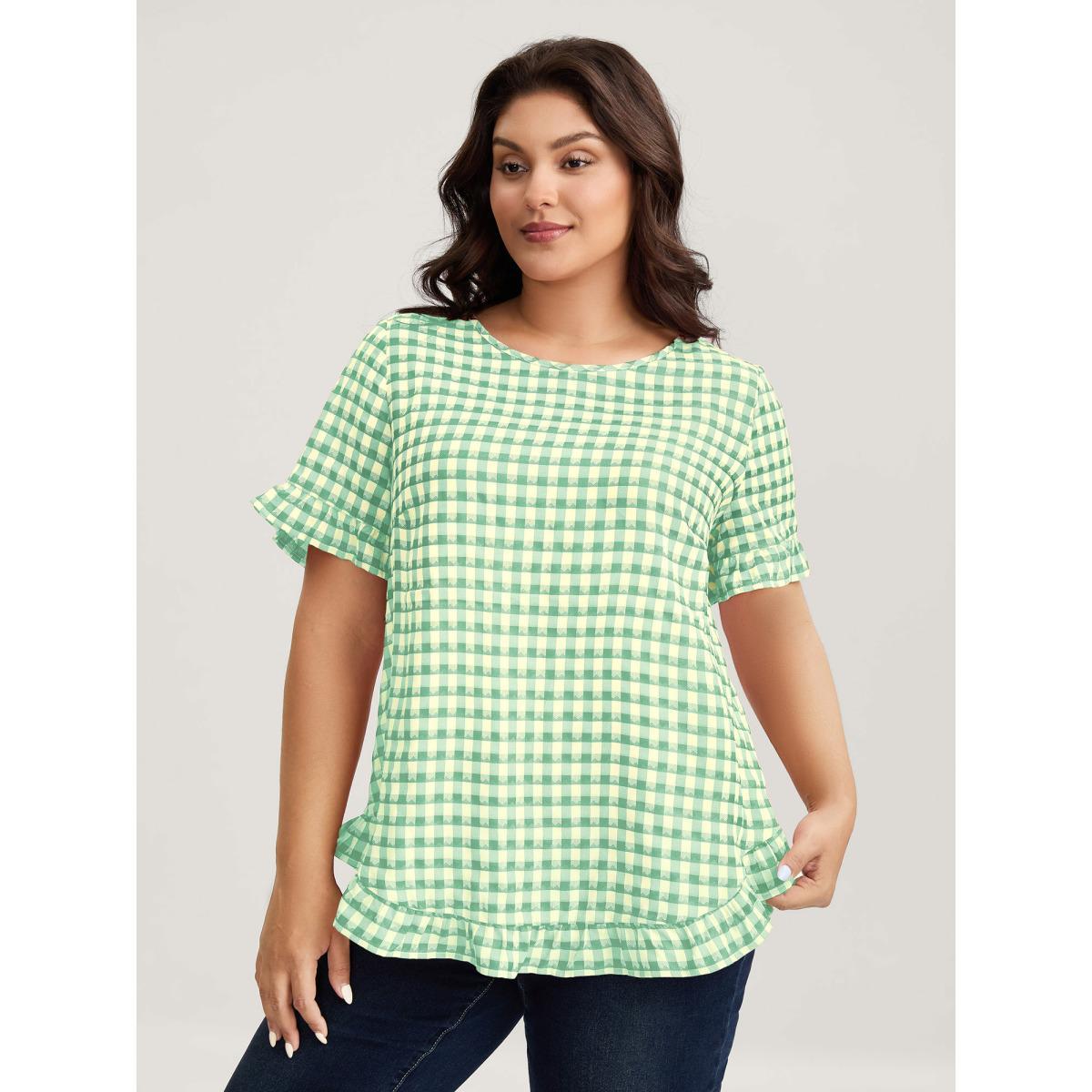 Plus Size Malachitegreen Gingham Print Button Back Blouse Women Short sleeve Round Neck Everyday-Casual Blouses BloomChic 28/5X Product Image
