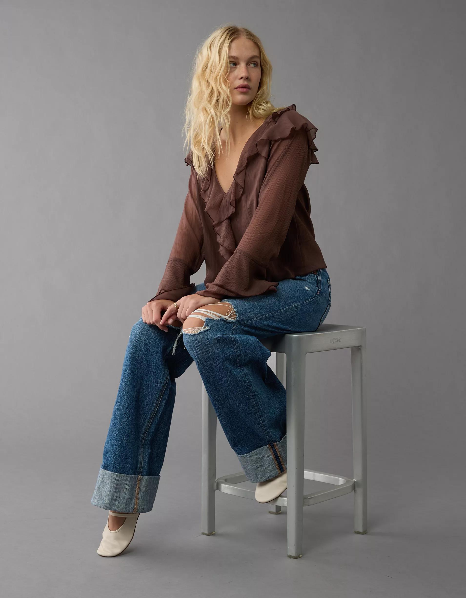 AE Long-Sleeve Chiffon Ruffle Blouse Product Image