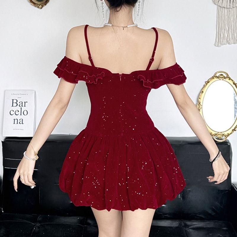 Spaghetti Strap Off-Shoulder 3D Flower Plain Velvet Glitter Mini Bubble Dress Product Image