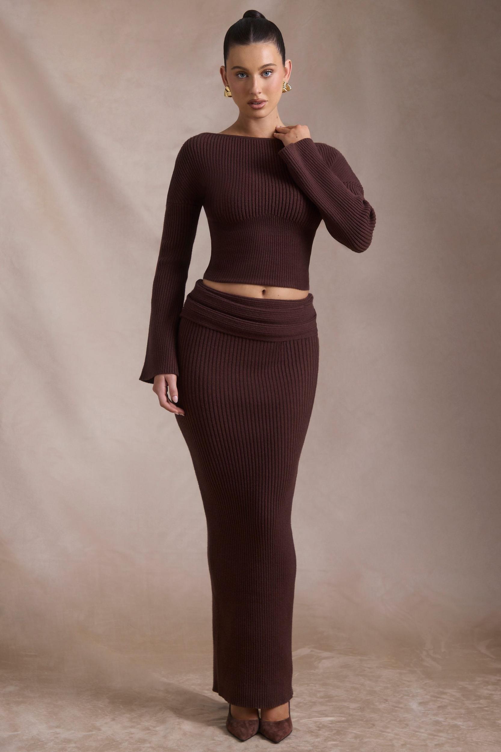 Ribbed-Knit Slash-Neck Top in Espresso Product Image