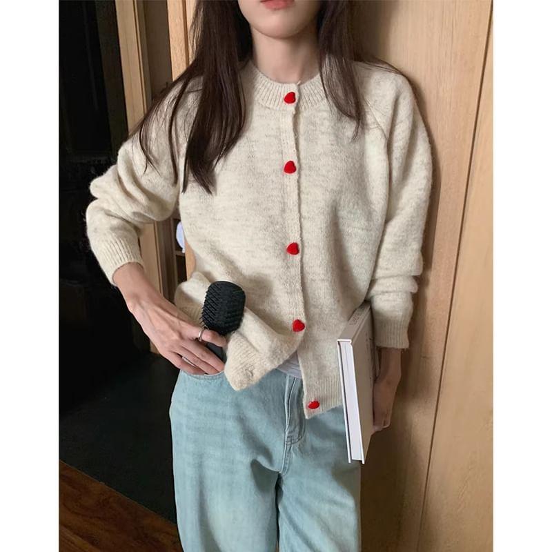 Crewneck Heart Button Plain Cardigan Product Image