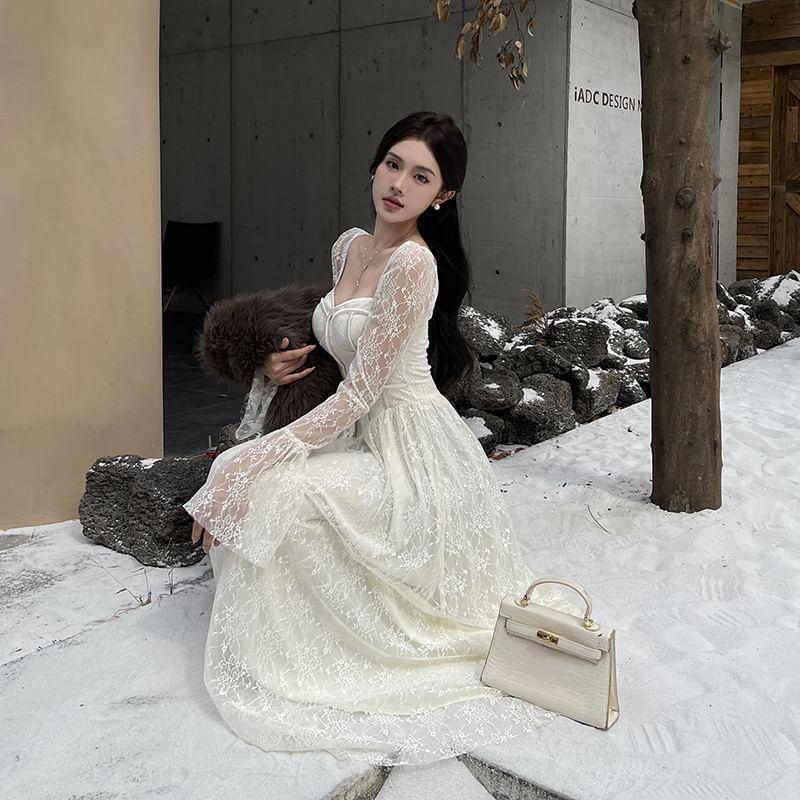 Long-Sleeve Lace Midi A-Line Corset Dress Product Image