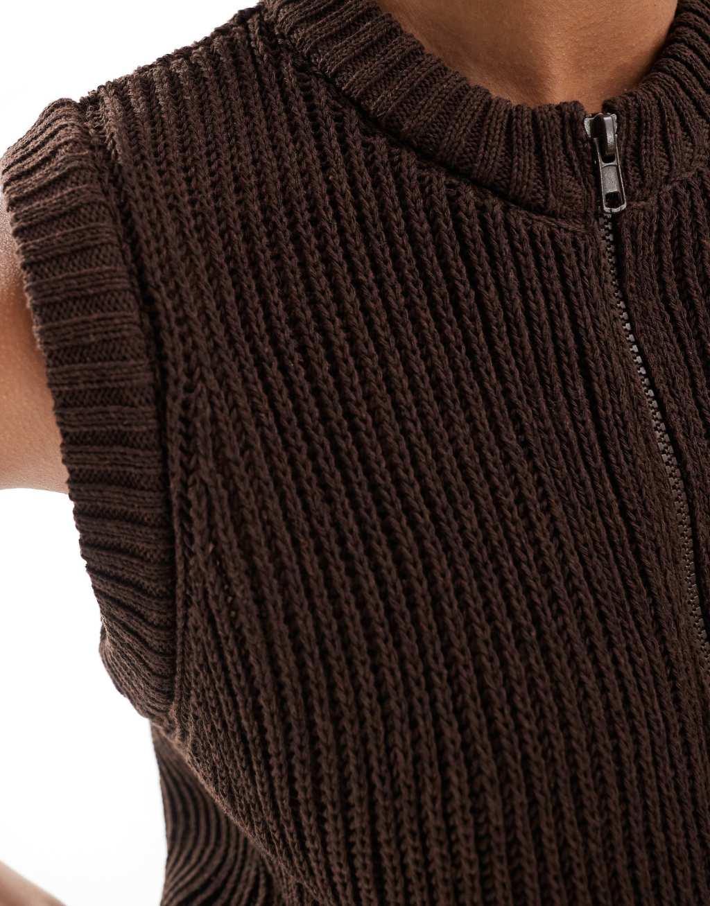 ASOS DESIGN knit zip up tank top in chocolate Product Image