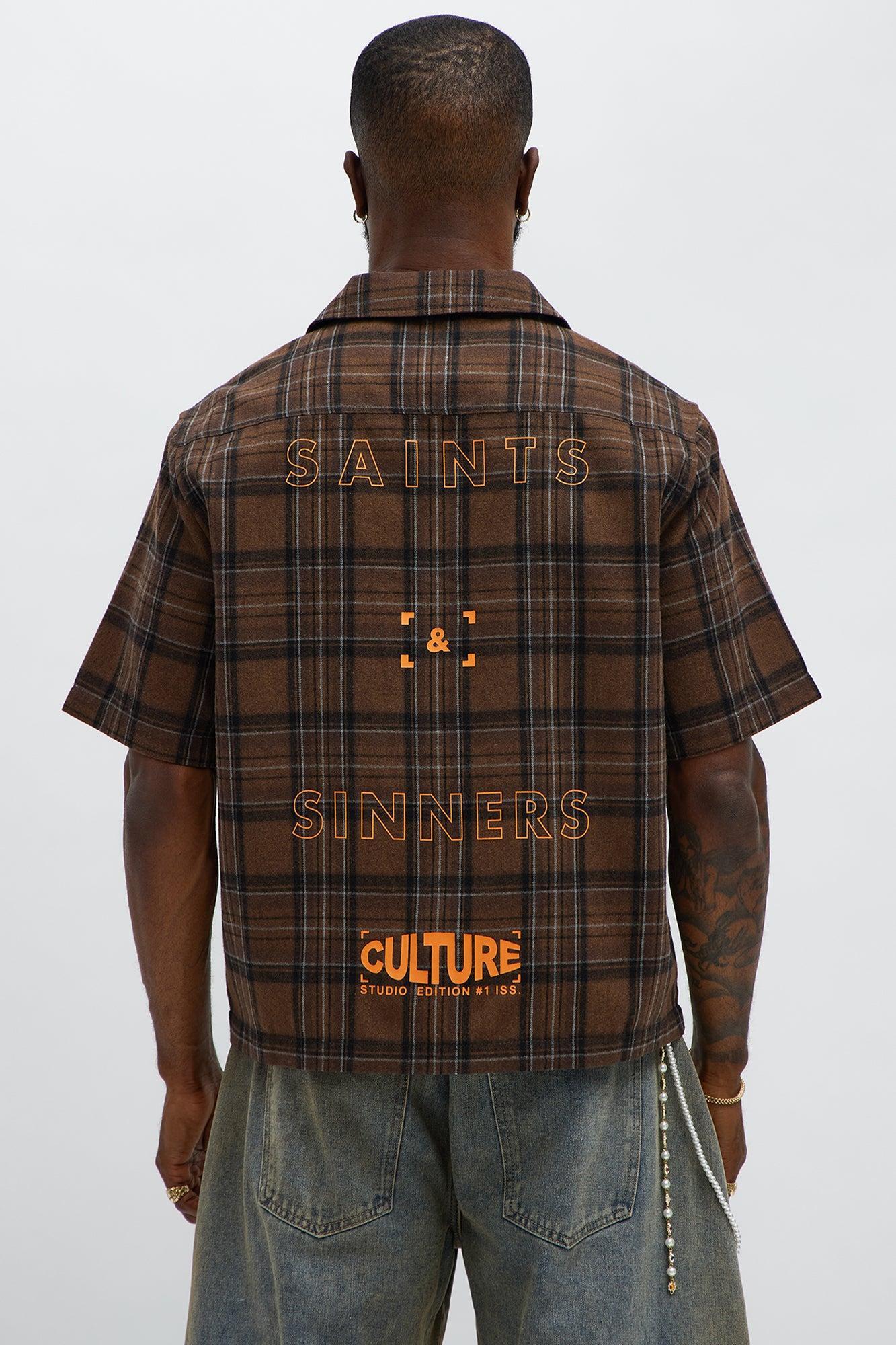 Culture Plaid Cropped Button Up Shirt - Brown Product Image