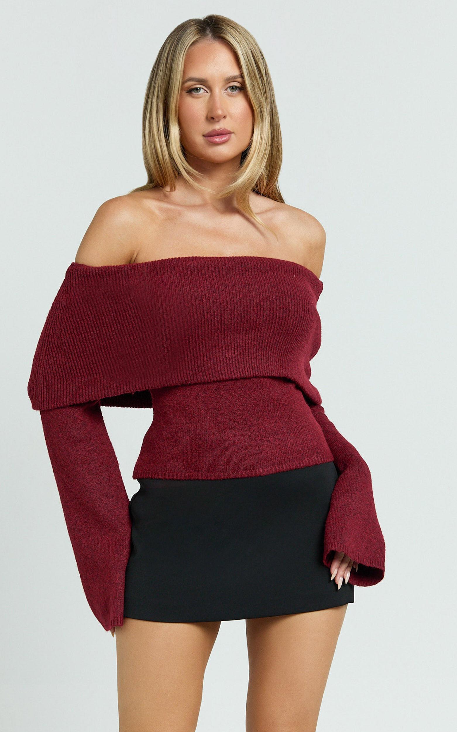 Darcie Top - Off Shoulder Long Sleeve Knitted Top in Wine Product Image
