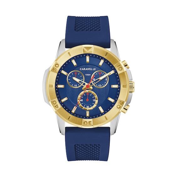 Caravelle by Bulova Mens Two-Tone Stainless Steel Blue Chronograph Dial Silicone Strap Watch - 45B161 Product Image