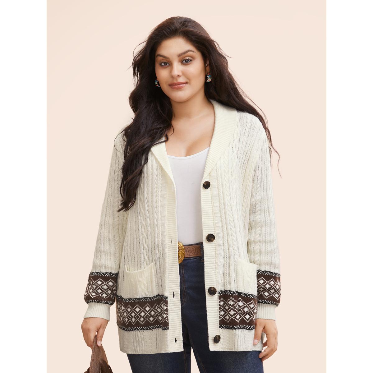 Plus Size Cable Knit Pockets Collared Cardigan Ivory Women Casual Loose Long Sleeve Everyday Cardigans BloomChic 28/5X Product Image