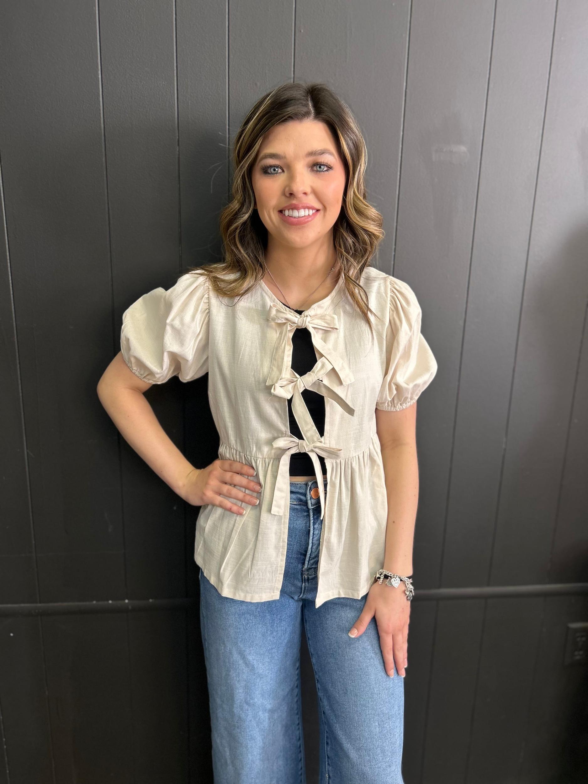 Short Sleeve Woven Front Bow Tie Top - 5 Colors* Product Image