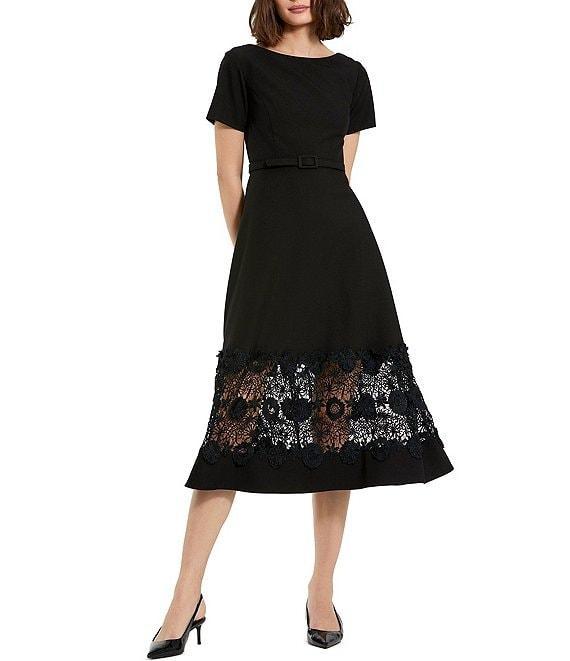 Mac Duggal Crepe Round Neck Short Sleeve Applique Lace Belted Midi A-Line Dress Product Image