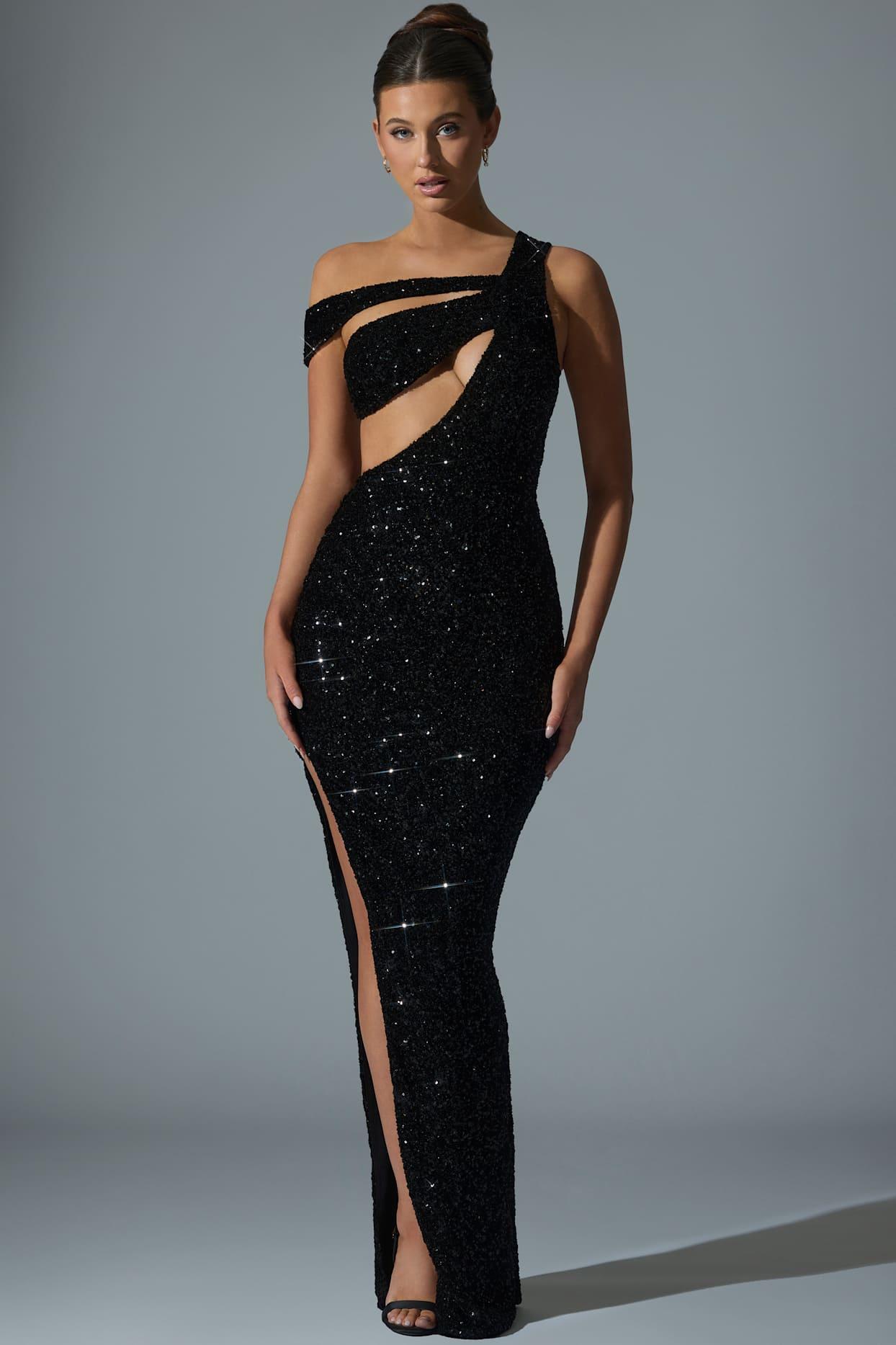 Embellished Asymmetric Cut-Out Gown in Black Product Image