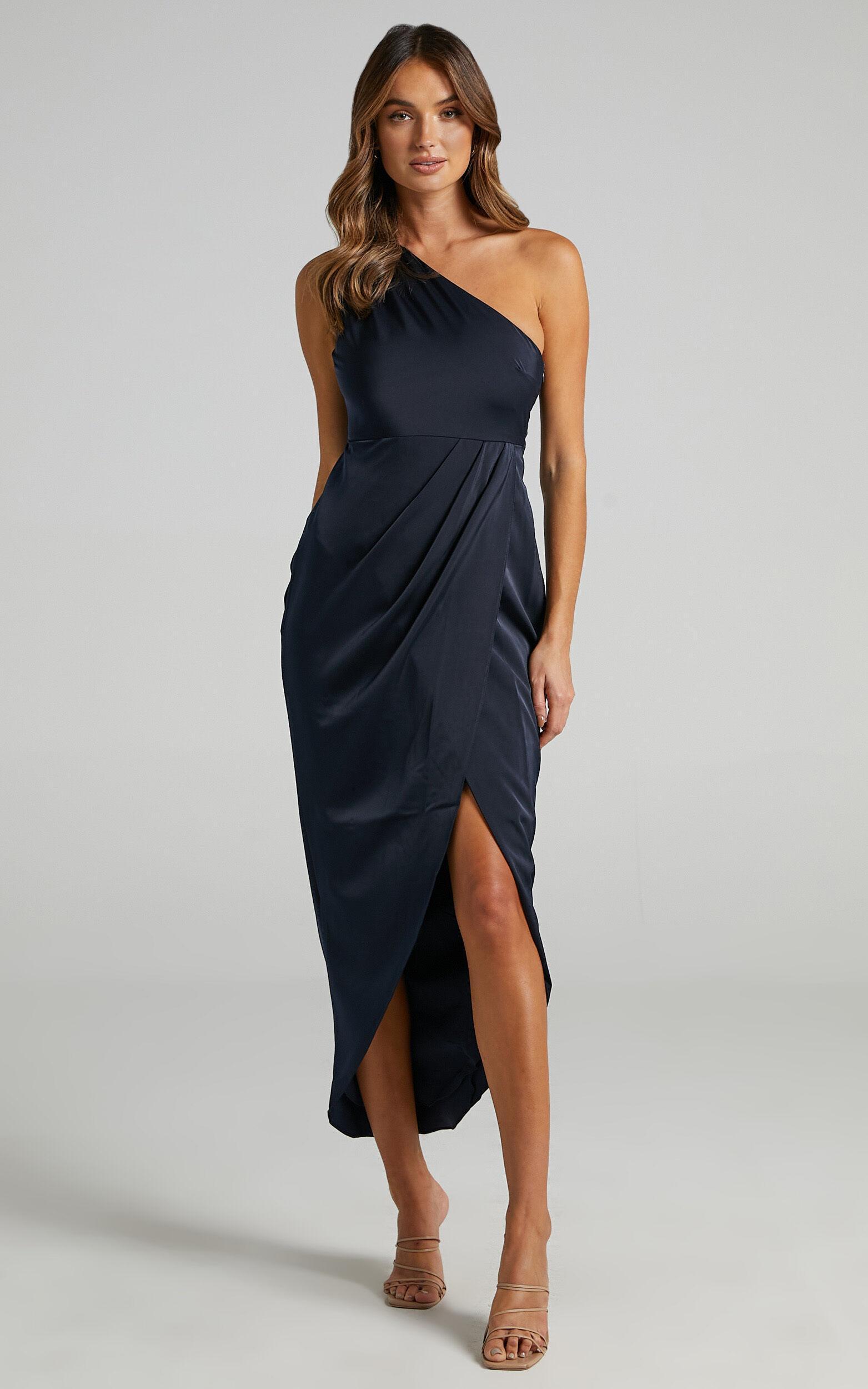 Felt So Happy Midi Dress - One Shoulder Drape Dress in Navy Product Image