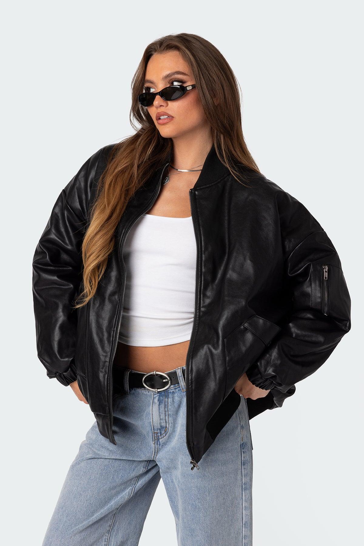 Faux Leather Oversized Bomber Jacket Product Image