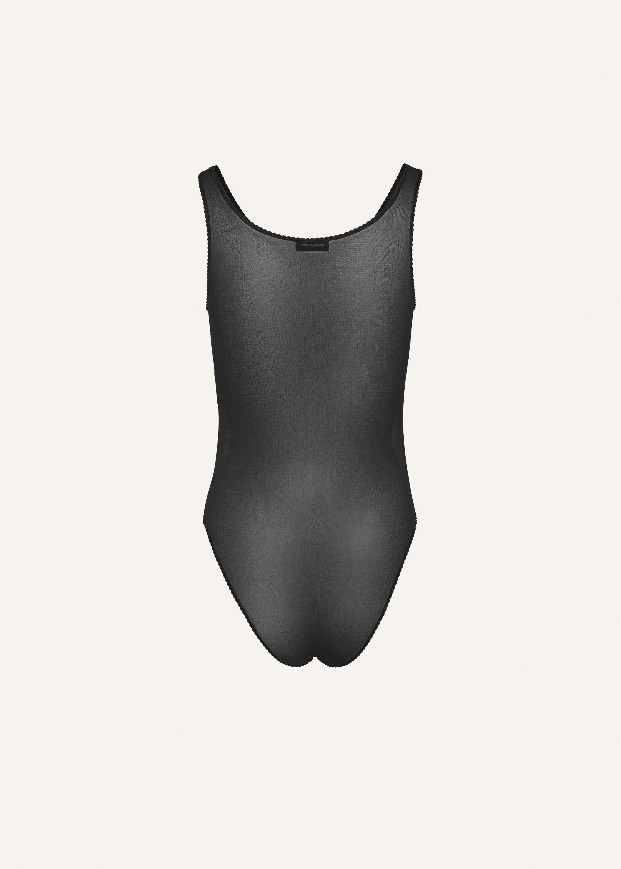 Mesh scalloped bodysuit in black Product Image