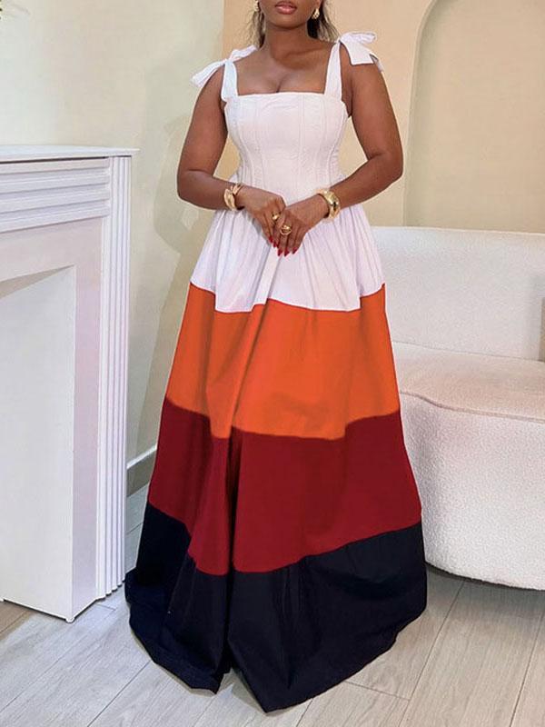 A-Line High Waisted Contrast Color Pleated Pockets Tied Zipper Spaghetti-Neck Maxi Dresses Product Image