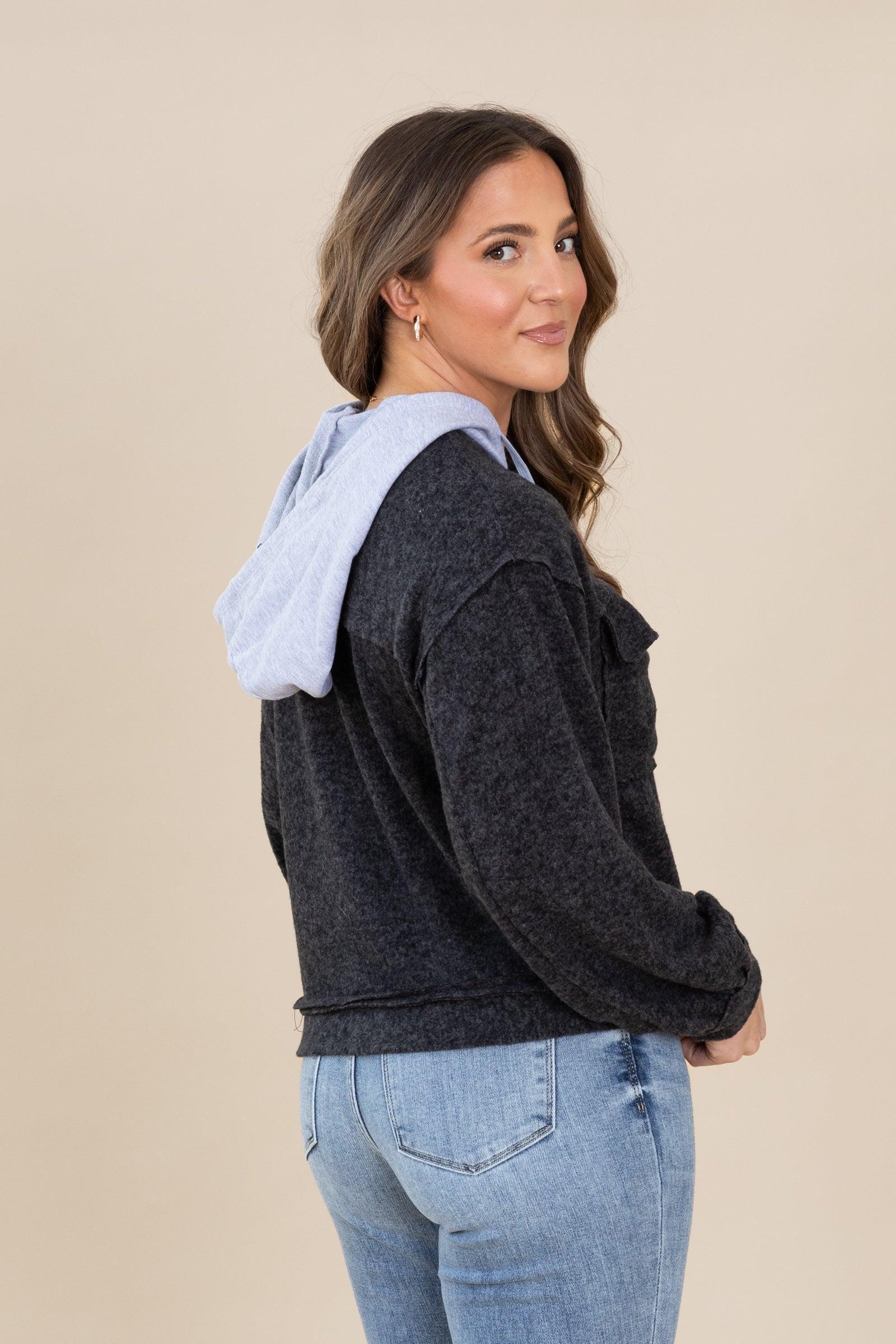 Brushed Hacci Hooded Button Down Shacket Product Image