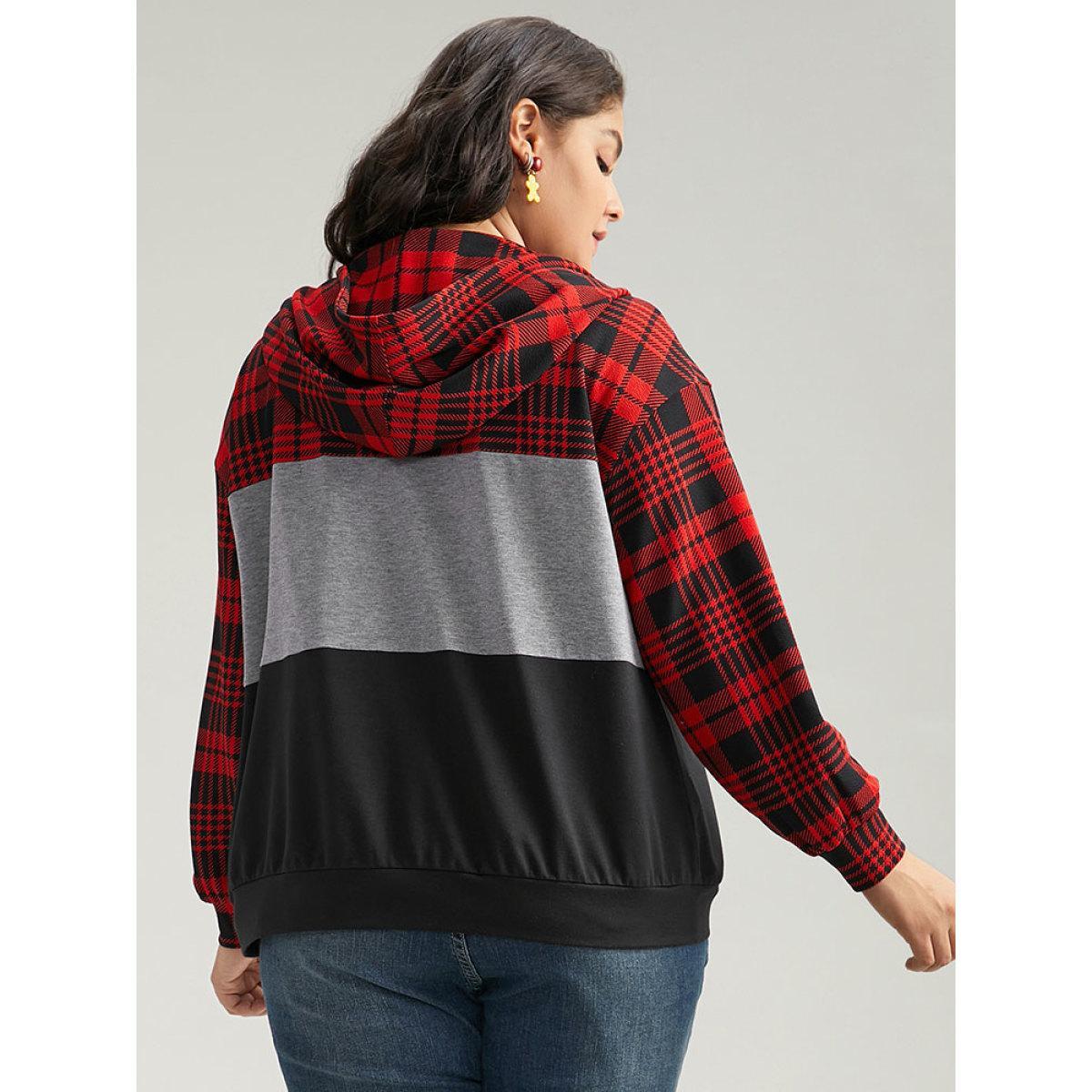 Plus Size Plaid Contrast Patchwork Drawstring Zipper Jacket Women Raspberry Contrast Pocket Dailywear Jackets BloomChic 12/L Product Image