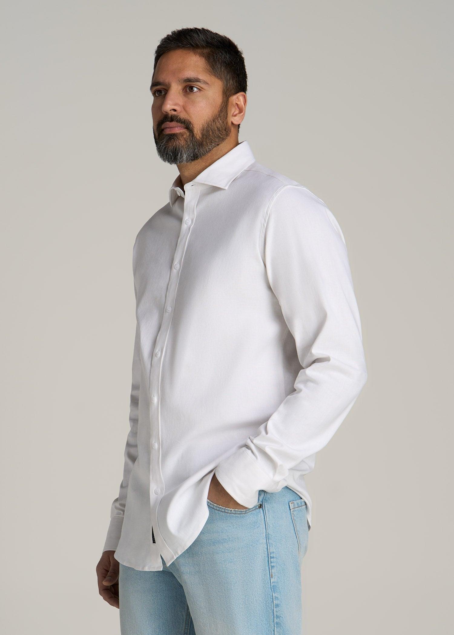 Stretch Linen Dress Shirt for Tall Men in White Male Product Image