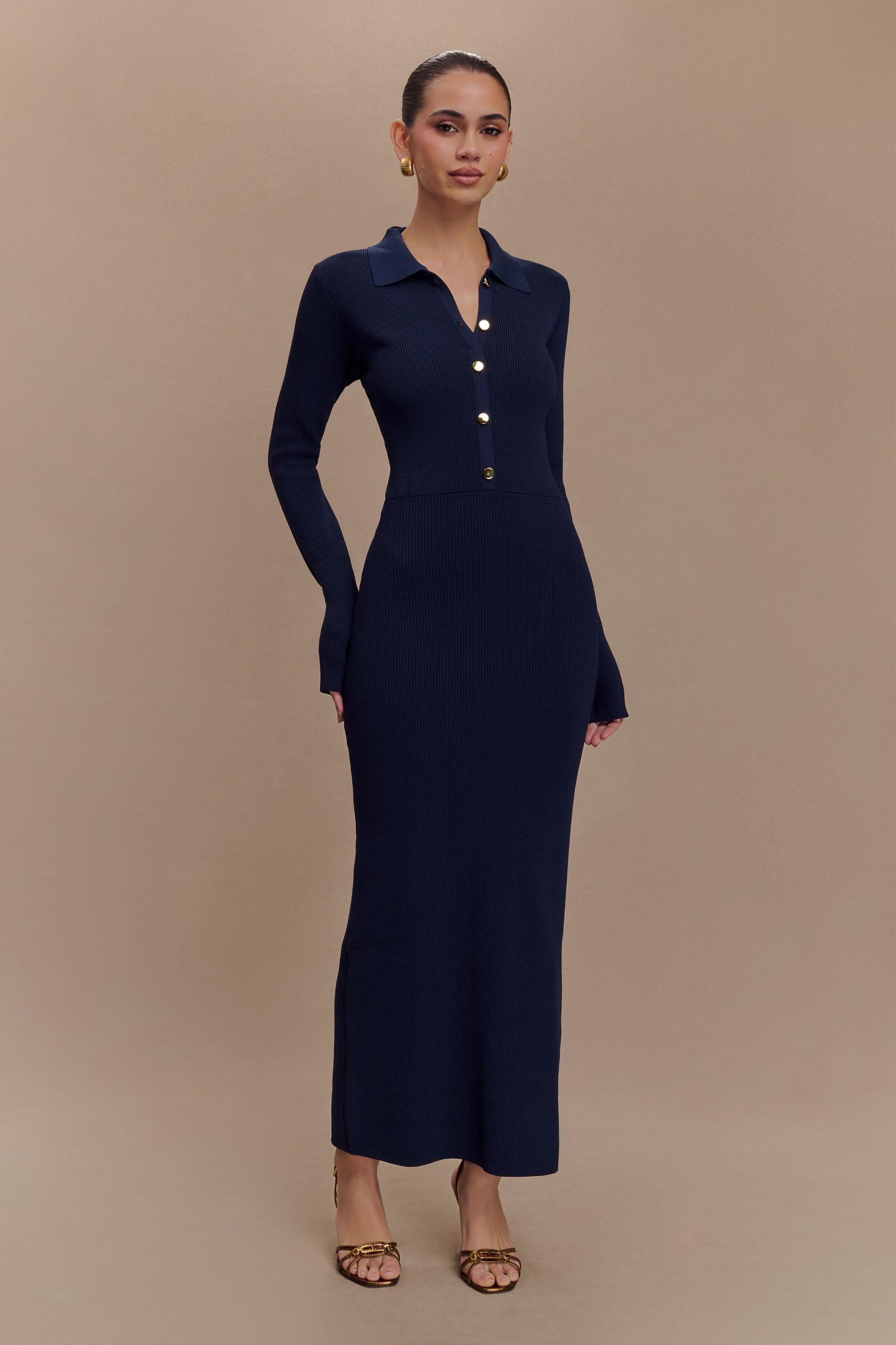 Abbey Buttoned Knit Midi Dress - Navy Product Image