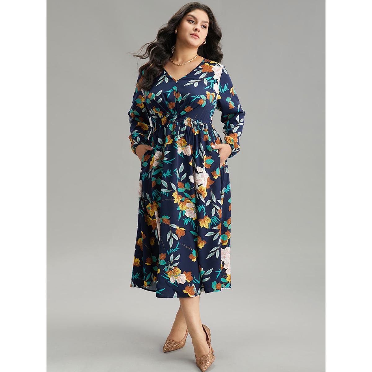 Plus Size Floral Print Shirred Lantern Sleeve Dress DarkBlue Women Elegant Elastic cuffs V-neck Long Sleeve Curvy Midi Dress BloomChic 28/5X Product Image