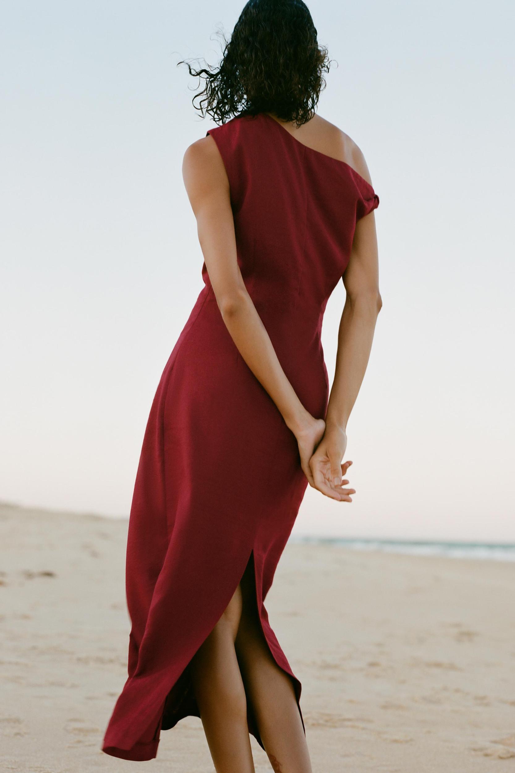 RUCHED LINEN BLEND MIDI DRESS Product Image