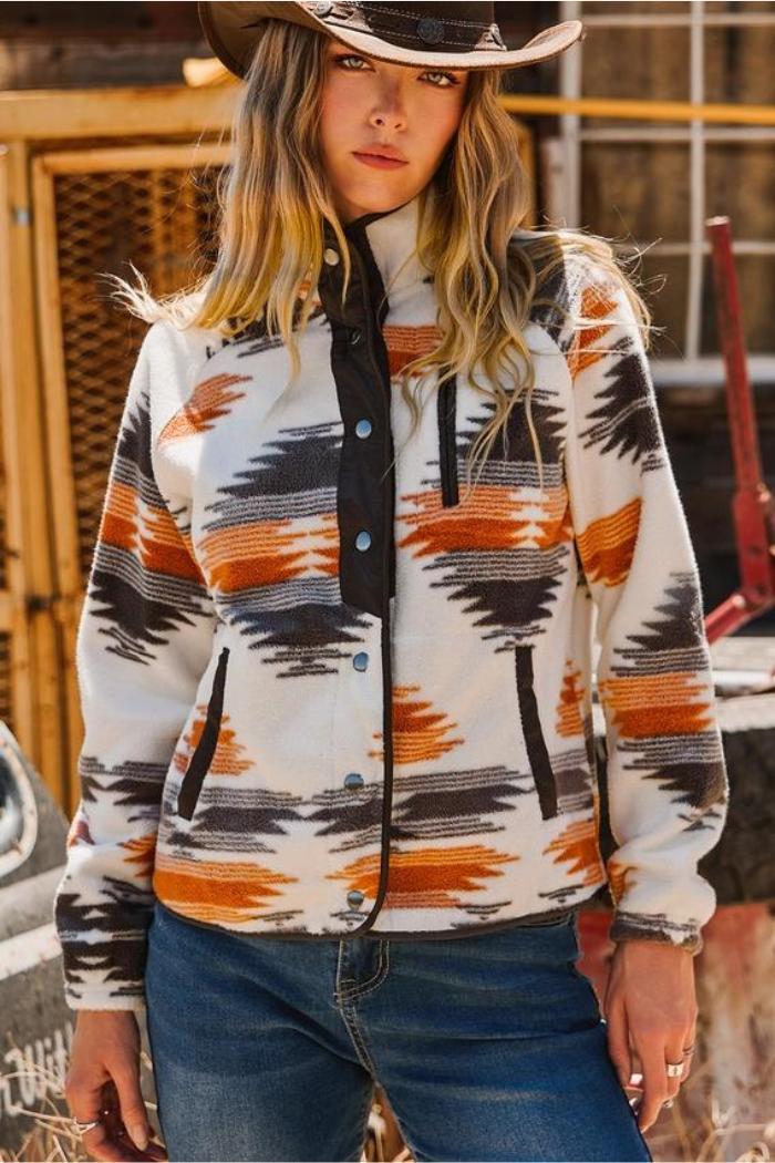 Western Aztec Snap Buttoned Fleece Jacket Product Image