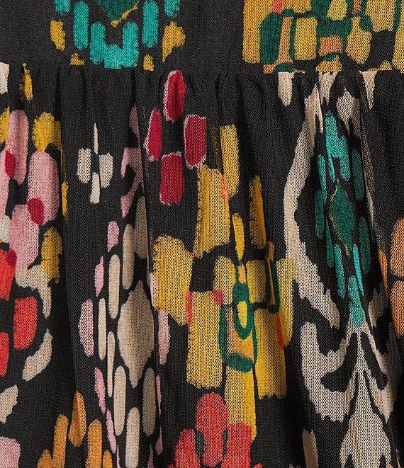 Calessa Plus Size Mesh Knit Abstract Ikat Print Square Neck Elbow Sleeve Tunic Product Image