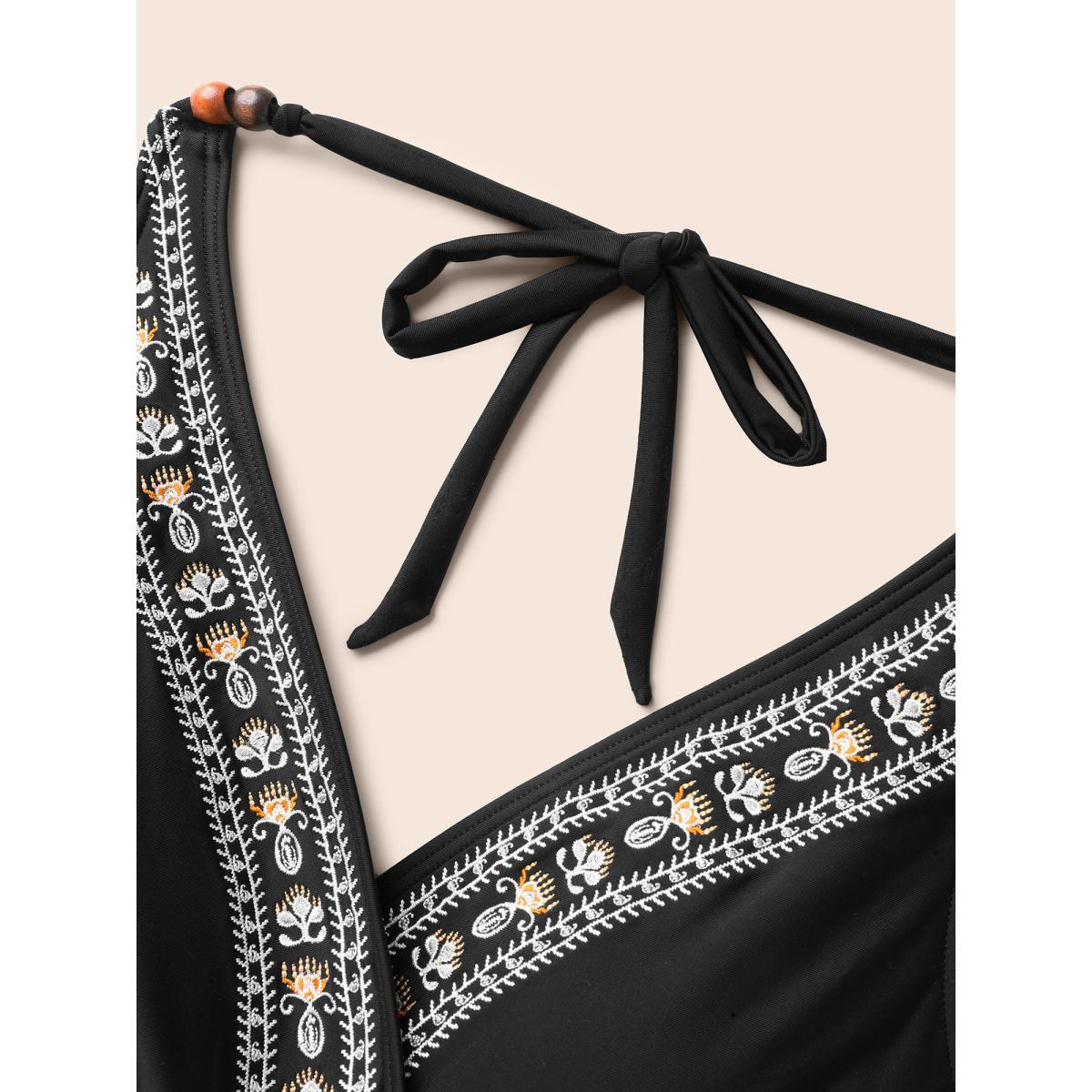 Plus Size Embroidered Boho Print Surplice Neck Swim Dress Women's Swimwear Black Beach Bodycon Overlap Collar High stretch Curve Swim Dresses BloomChic 30/6X Product Image