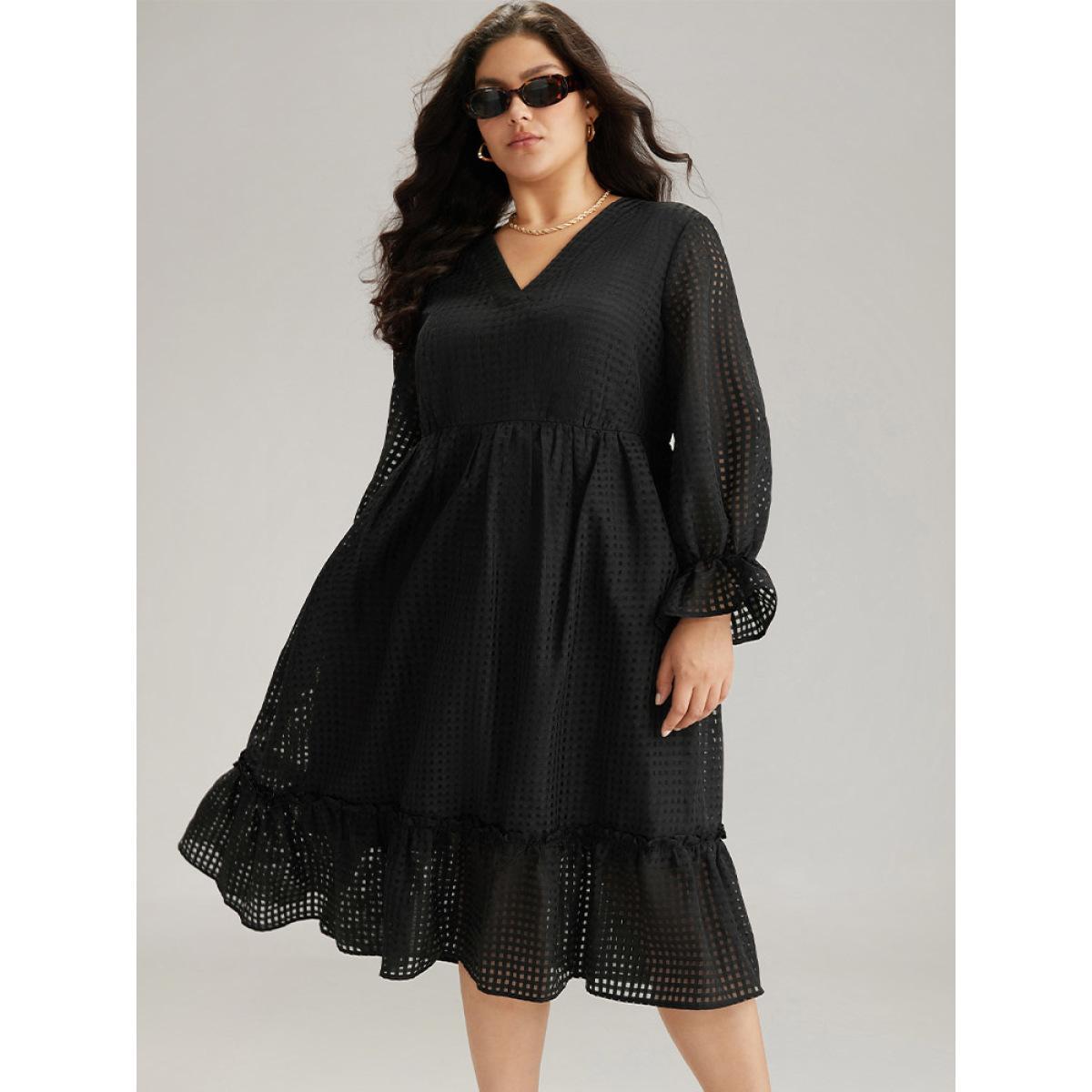 Plus Size Solid Pocket Mesh Frill Trim Dress Black Women Elegant See through V-neck Long Sleeve Curvy Midi Dress BloomChic 22-24/3X Product Image