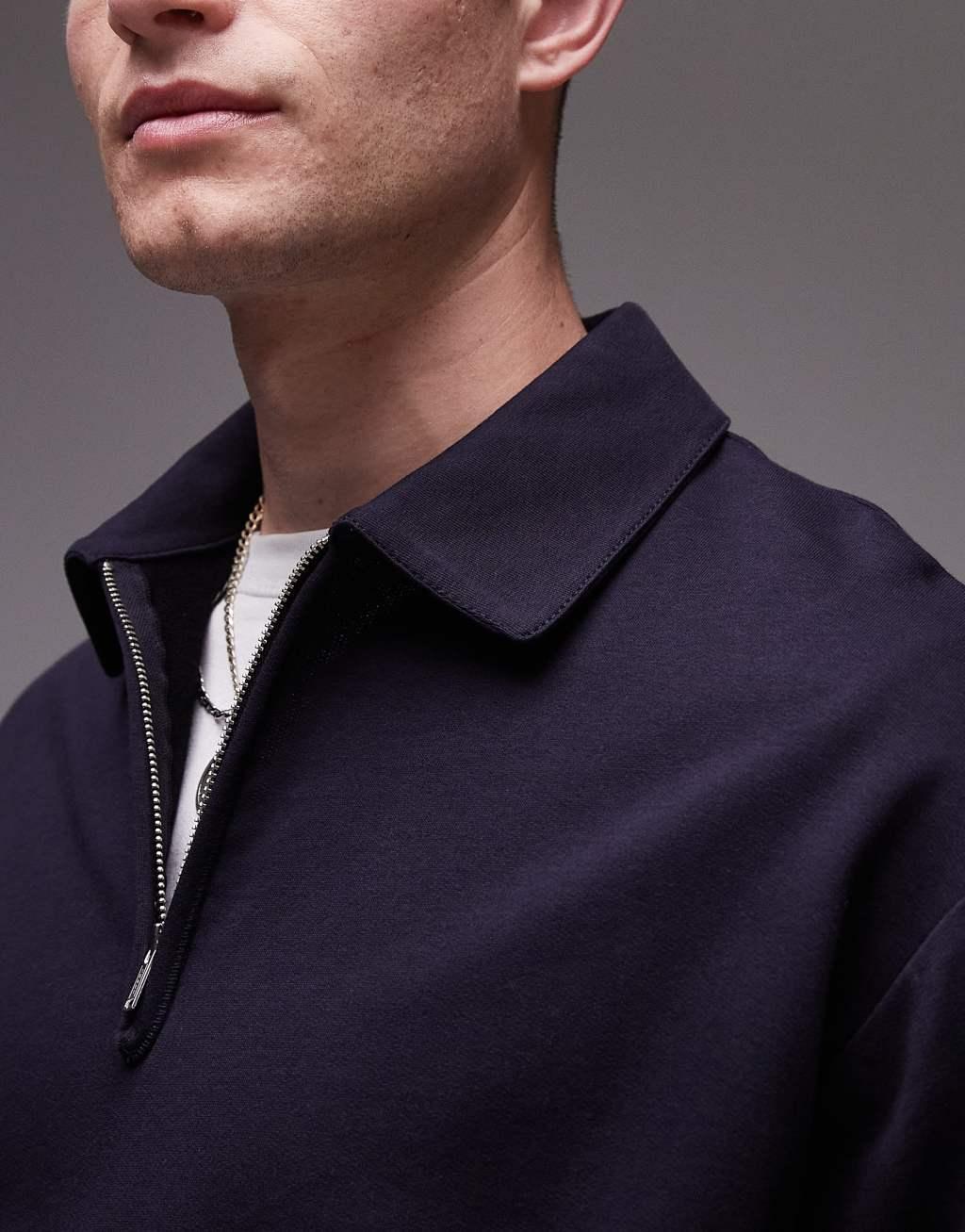 ARKET half zip jersey top with polo collar in navy blue Product Image