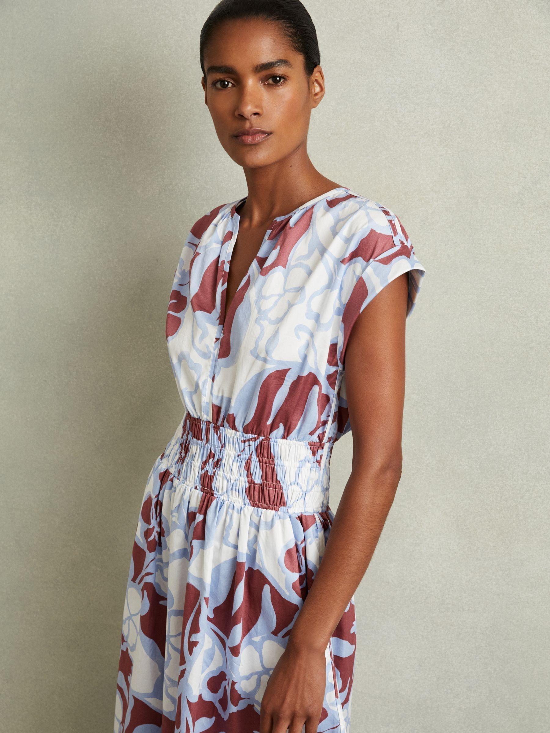 100% Cotton Poplin Floral-Print Midi Dress in Blue Product Image