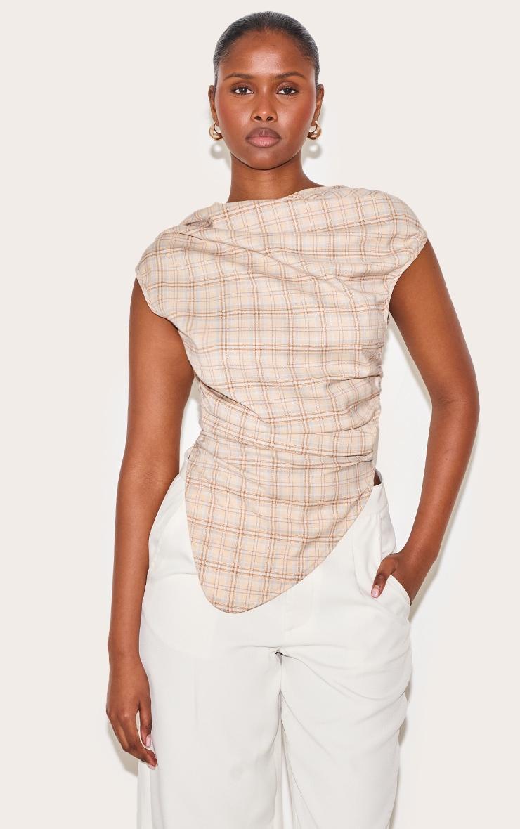 Beige Multi Checked Ruched Top Product Image