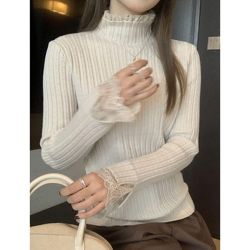 Turtleneck Plain Lace Trim Ribbed Sweater Product Image