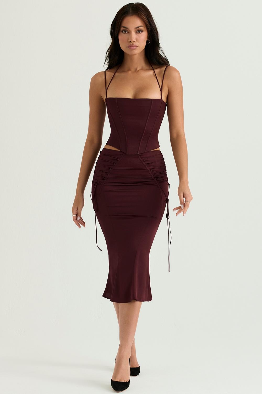 Sidonie Wine Satin Lace Up Midi Skirt Product Image