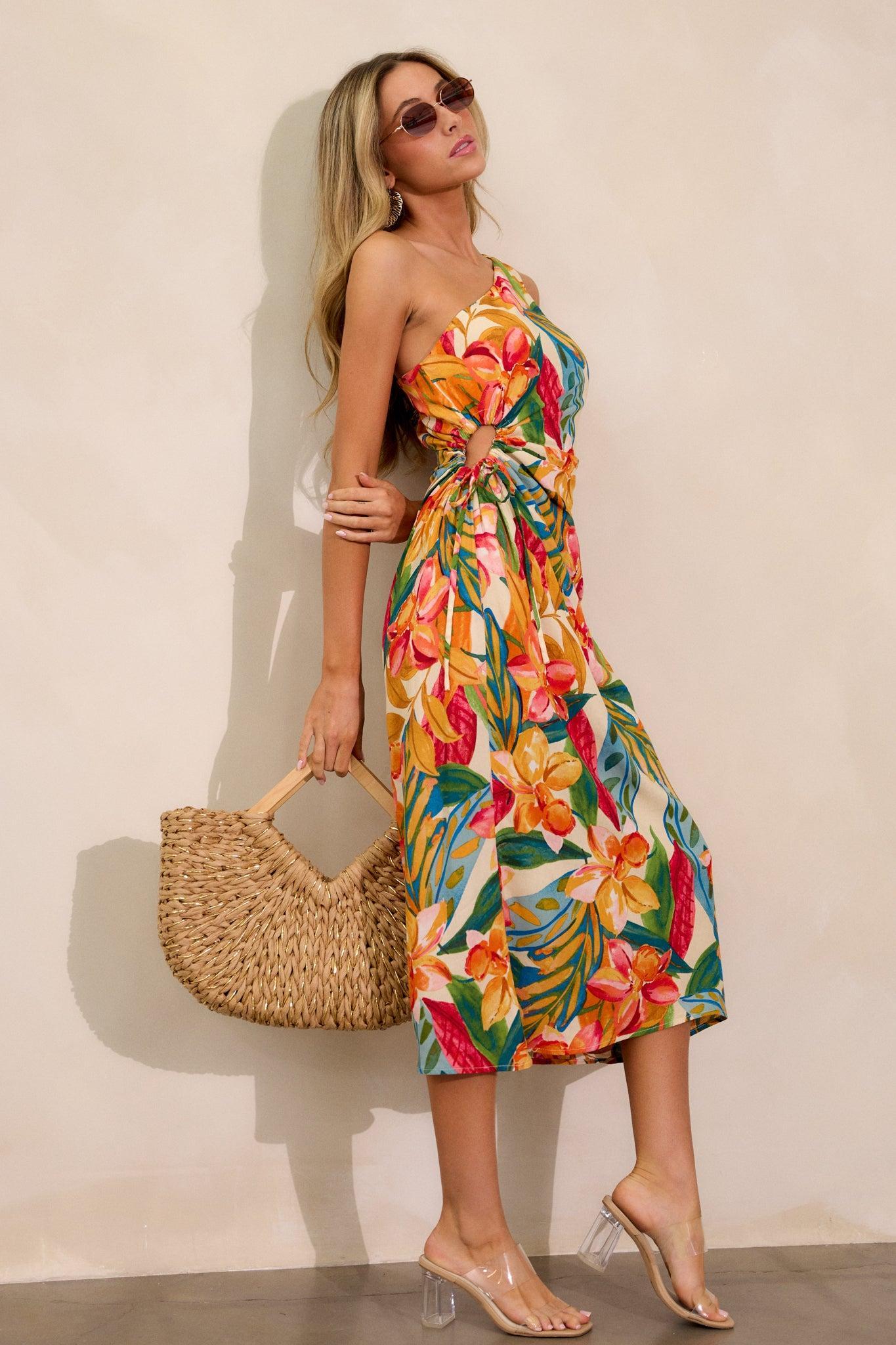 Safe To Say Multi Print One Shoulder Midi Dress Product Image