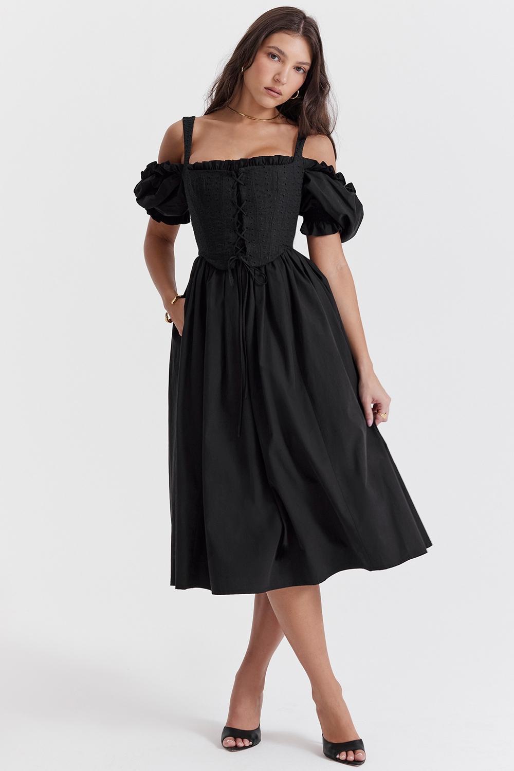 Silvana Black Puff Sleeve Midi Sundress Product Image